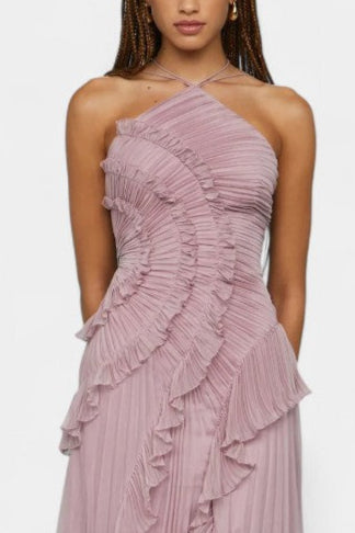 High-Low Pleated Halter Maxi Dress with Cascading Ruffles | Wedding Guest & Summer Party