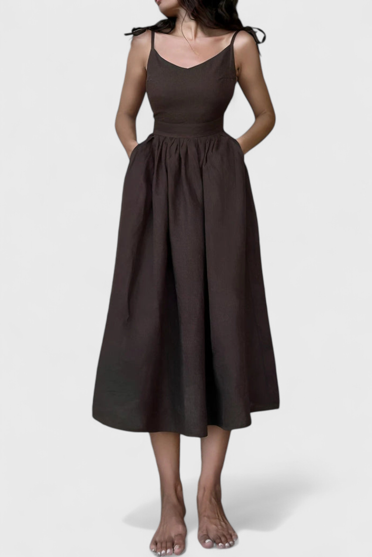 Demetria | Vestido Midi Boho de Lino con Un Solo Hombro