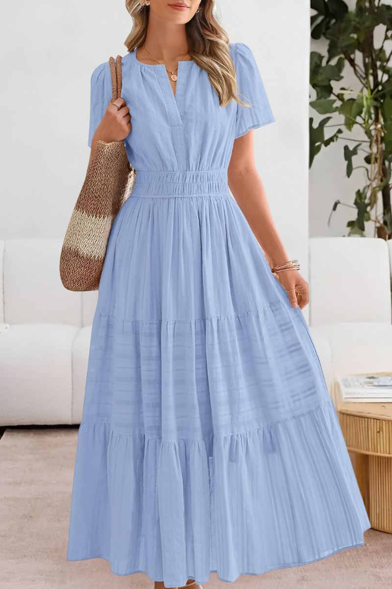 Vestido Midi Boho de Verano con Volantes – Escote en V y Cuerpo Smocked Elástico