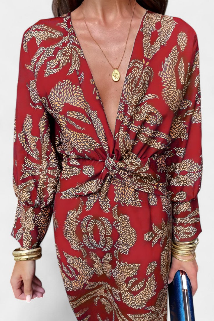 Esteliana | Vestido Midi Cruzado con Escote en V y Estampado Cachemira Elegante