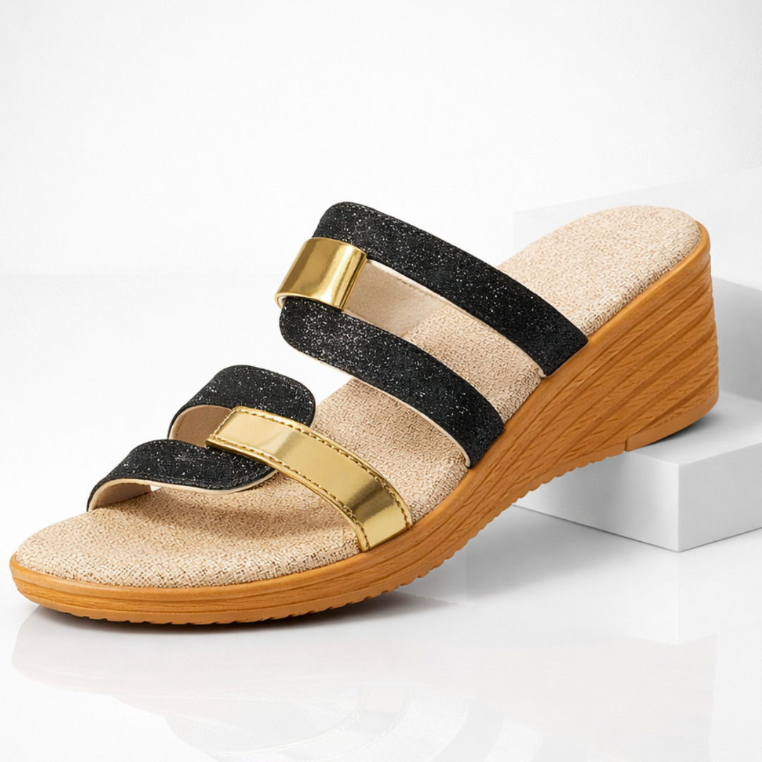 Momount Women Slide Sandals – Glitter Metallic Double Strap Low Wedge