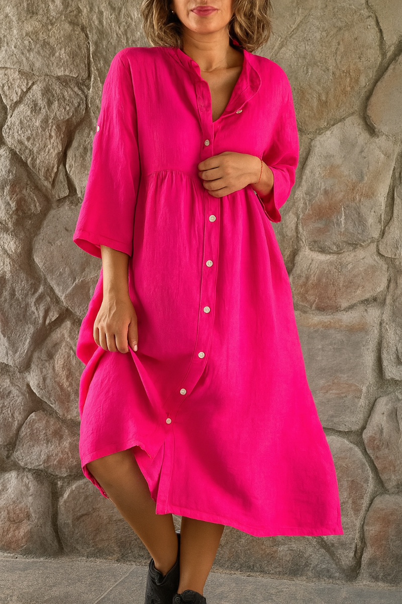 Robe-chemise en coton et lin femme Momount – col V, manches 3/4 et coupe ample
