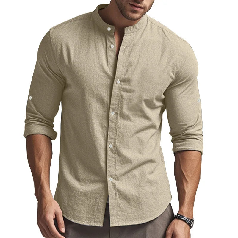 Momount Men Linen Shirt – Long Sleeve Slim Fit Band Collar Classic