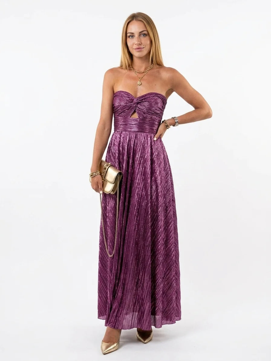 Persephone | Elegant Metallic Pleated Strapless Maxi Dress - Purple - front