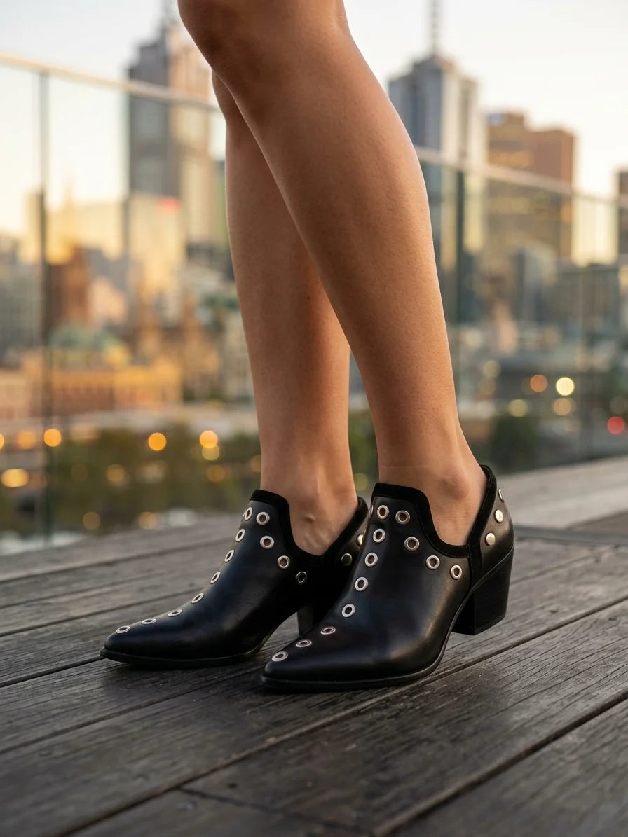 Women's Studded Ankle Boots – Pointed Toe Wide Block Heel - Black - lifestyle_rooftop