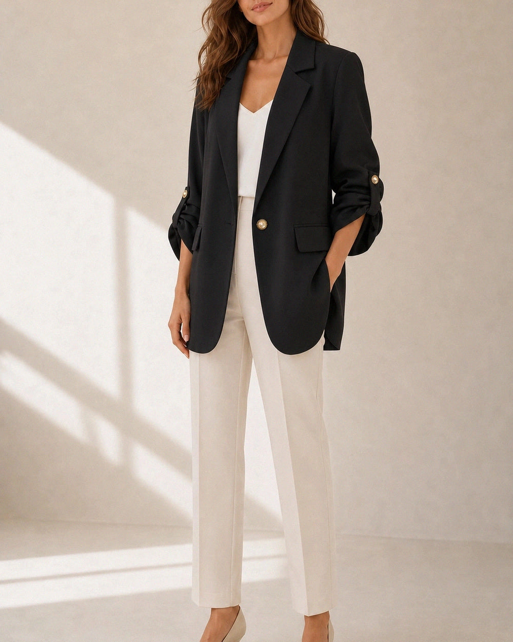 Momount Women's Oversized Blazer – Ruched Sleeves & Gold Buttons — momount-womens-ruched-sleeve-blazer-black-12-silhouette.webp