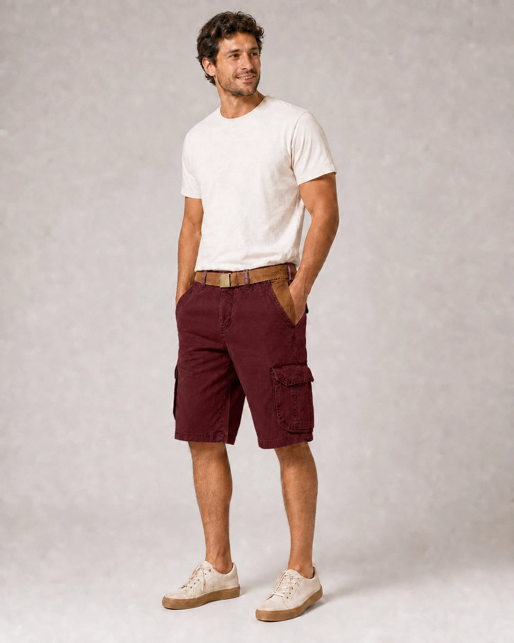 Momount Men Cargo Shorts – Washed Cotton Belted Vintage Distressed Knee Length — Red — color variant primary — uomo-pantaloncini-cargo-cotone-lavato-cintura-vintage-anticato-lunghezza-red-15-variant.webp