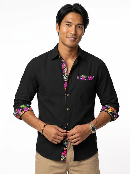 Momount Men Linen Shirt – Long Sleeve Floral Contrast Trim Hawaiian Casual - Black - front