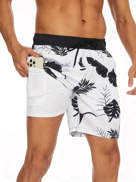 Momount Men Swim Shorts – Palm Print Drawstring Mesh Liner Quick Dry