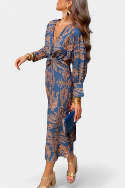 Esteliana | Vestido Midi Cruzado con Escote en V y Estampado Cachemira Elegante