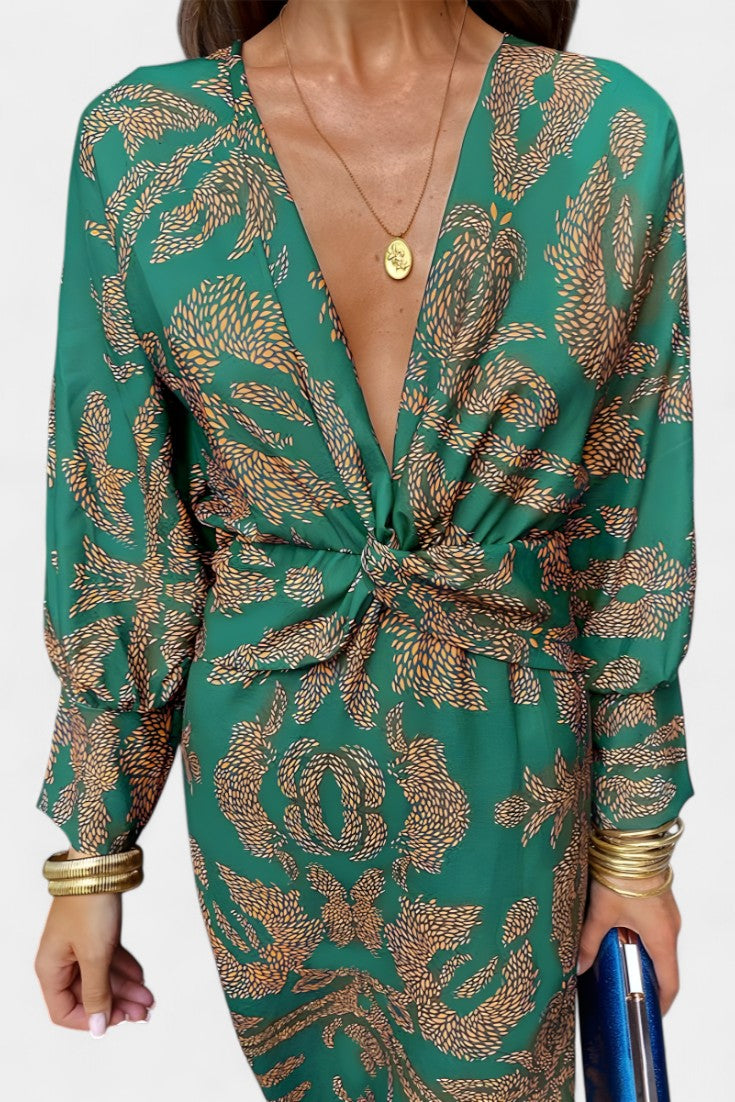 Esteliana | Vestido Midi Cruzado con Escote en V y Estampado Cachemira Elegante
