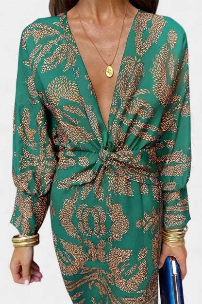 Esteliana | Vestido Midi Cruzado con Escote en V y Estampado Cachemira Elegante