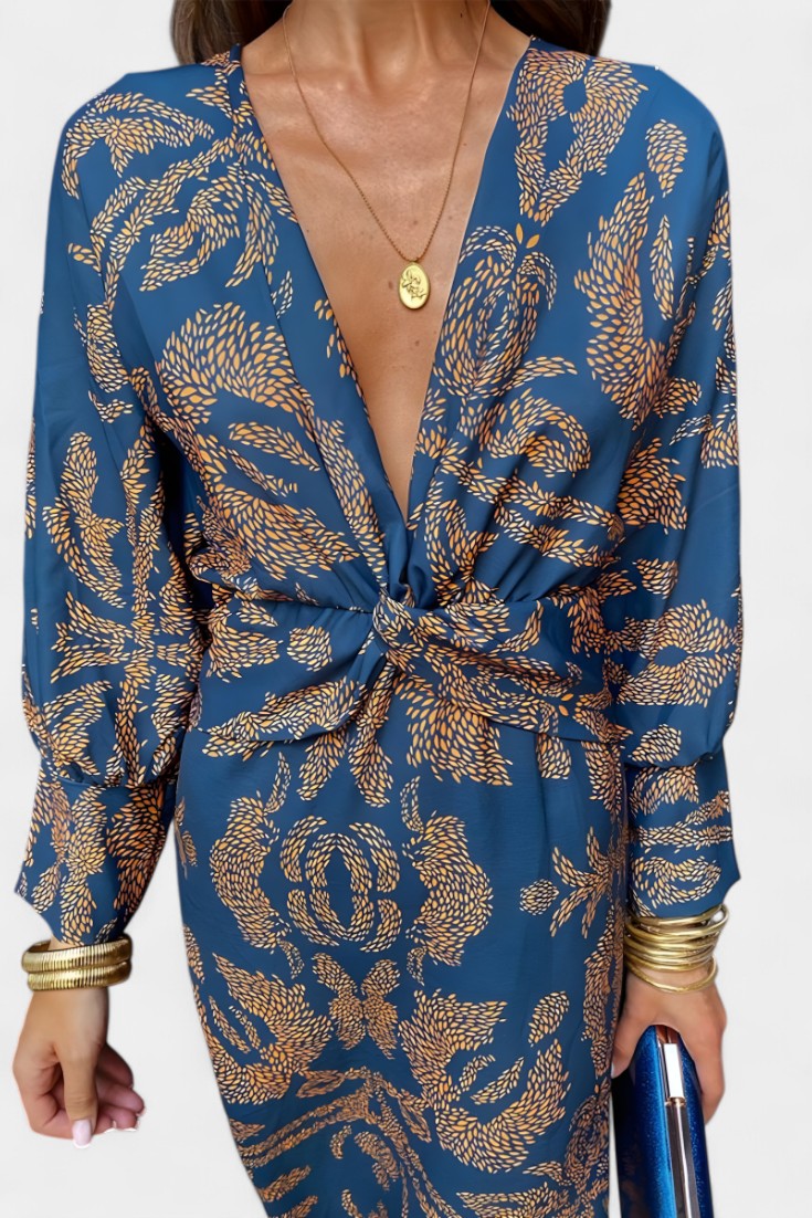 Esteliana | Vestido Midi Cruzado con Escote en V y Estampado Cachemira Elegante