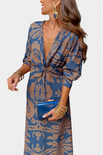 Esteliana | Vestido Midi Cruzado con Escote en V y Estampado Cachemira Elegante