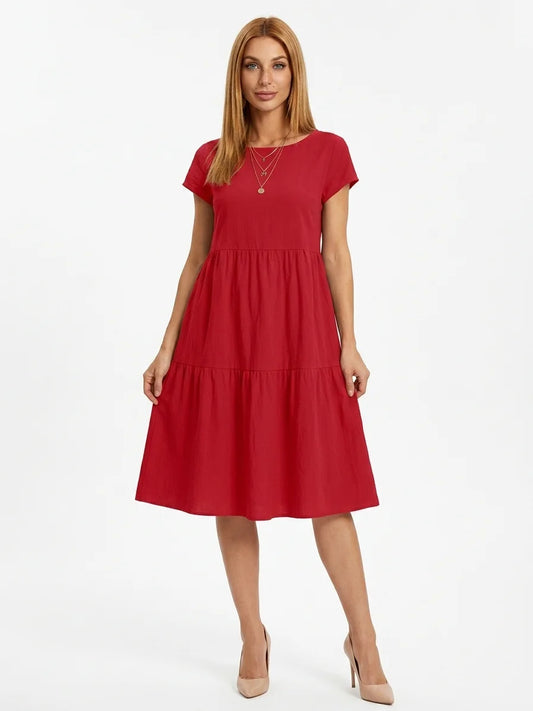 Amadea | Cotton Short Sleeve Tiered Summer Midi Dress - Red - front