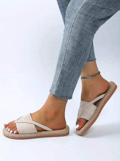 Momount Women Espadrille Sandals – Woven Jute Toe-Ring Flat Slide