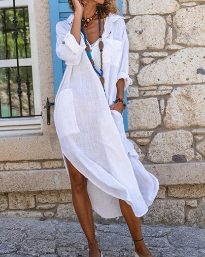 Evangelia | Beach Linen Collared Asymmetric Summer Maxi Dress