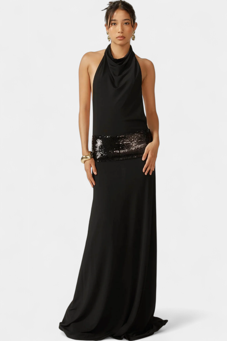Evangelia | Vestido Largo Halter con Lentejuelas Elegante
