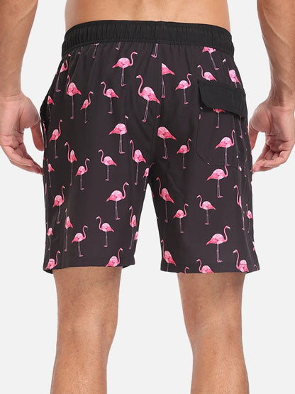 Momount Men Swim Shorts – Flamingo Print Drawstring Beach Summer