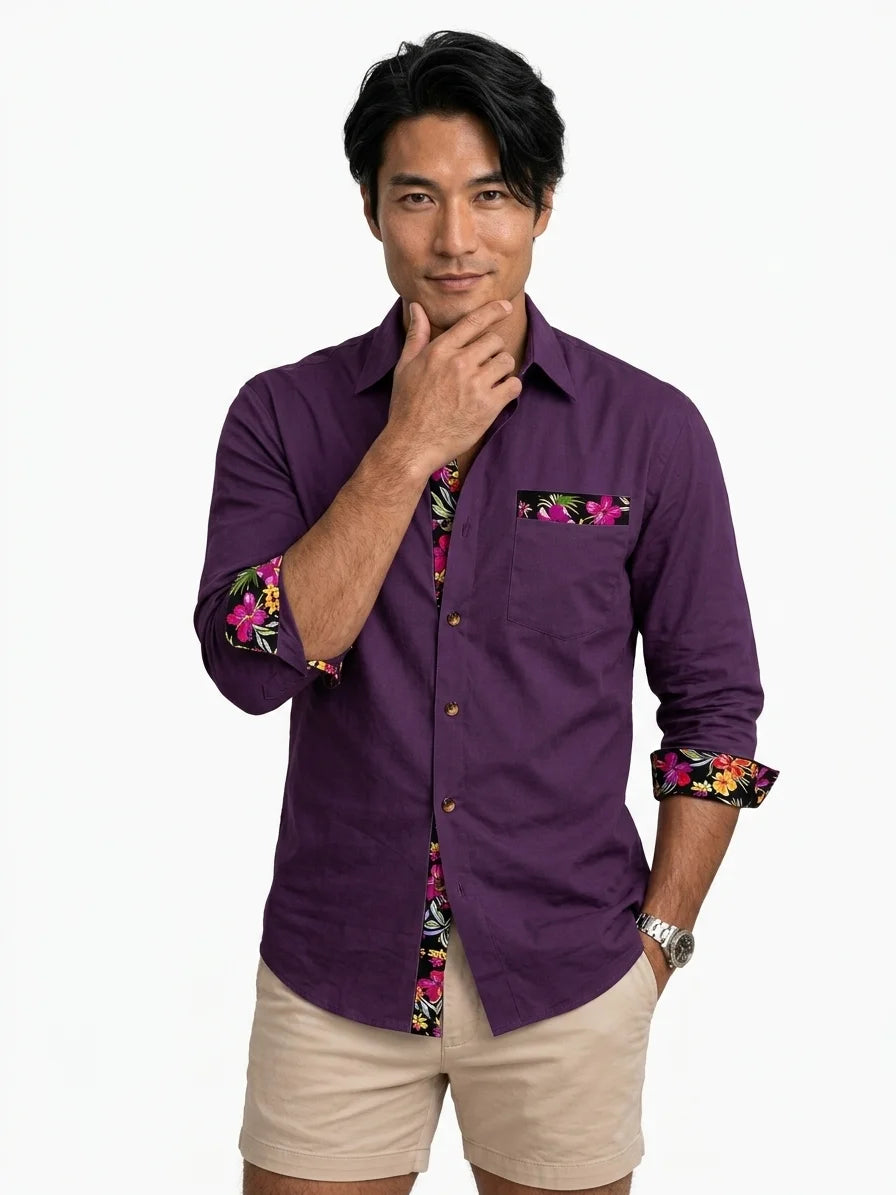 Momount Men Linen Shirt – Long Sleeve Floral Contrast Trim Hawaiian Casual - Purple - front