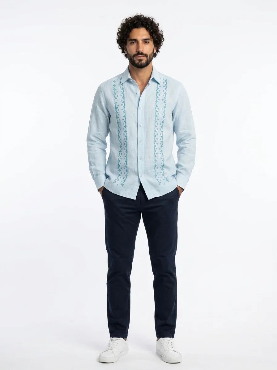 Momount Men Guayabera Linen Shirt – Long Sleeve Embroidered Panels Beach - Light Blue - front