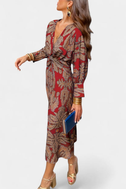 Esteliana | Vestido Midi Cruzado con Escote en V y Estampado Cachemira Elegante