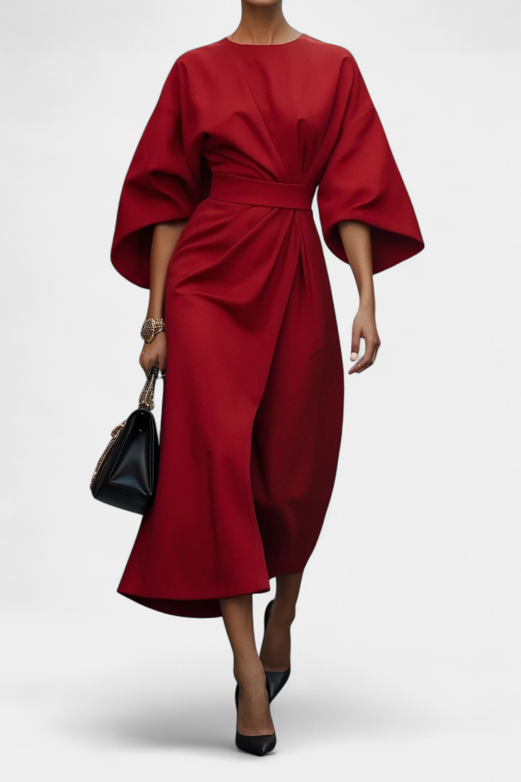Evadne | Vestido Midi Cruzado de Crepé con Mangas Farol Elegante