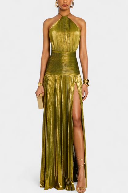 Evangelia | Elegant Metallic Pleated Halter Summer Maxi Dress