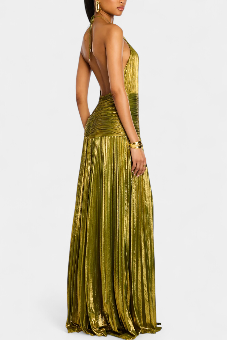 Evangelia | Elegant Metallic Pleated Halter Summer Maxi Dress