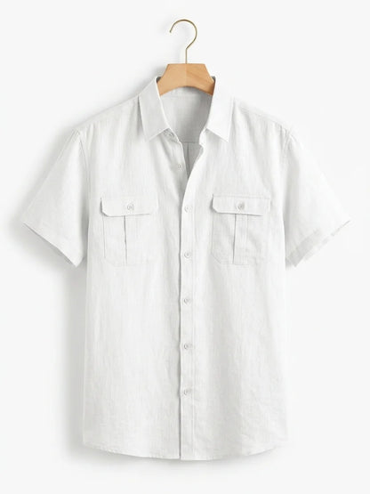 Momount Men Linen Shirt – Short Sleeve Double Chest Pocket Utility Casual - White - hanger