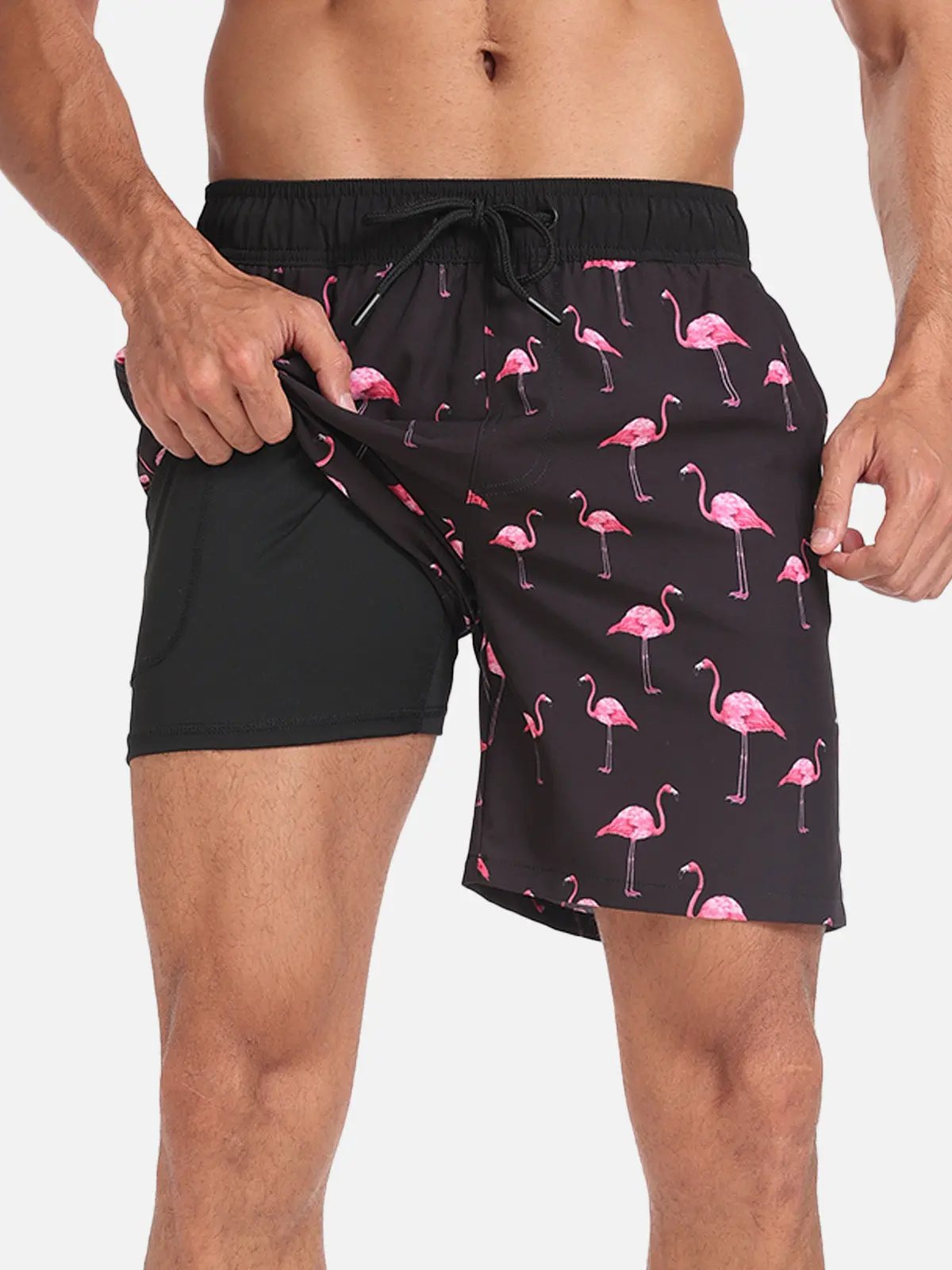 Momount Men Swim Shorts – Flamingo Print Drawstring Beach Summer