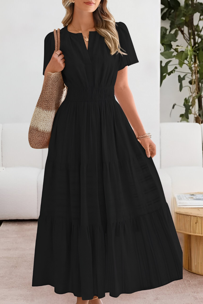 Vestido Midi Boho de Verano con Volantes – Escote en V y Cuerpo Smocked Elástico
