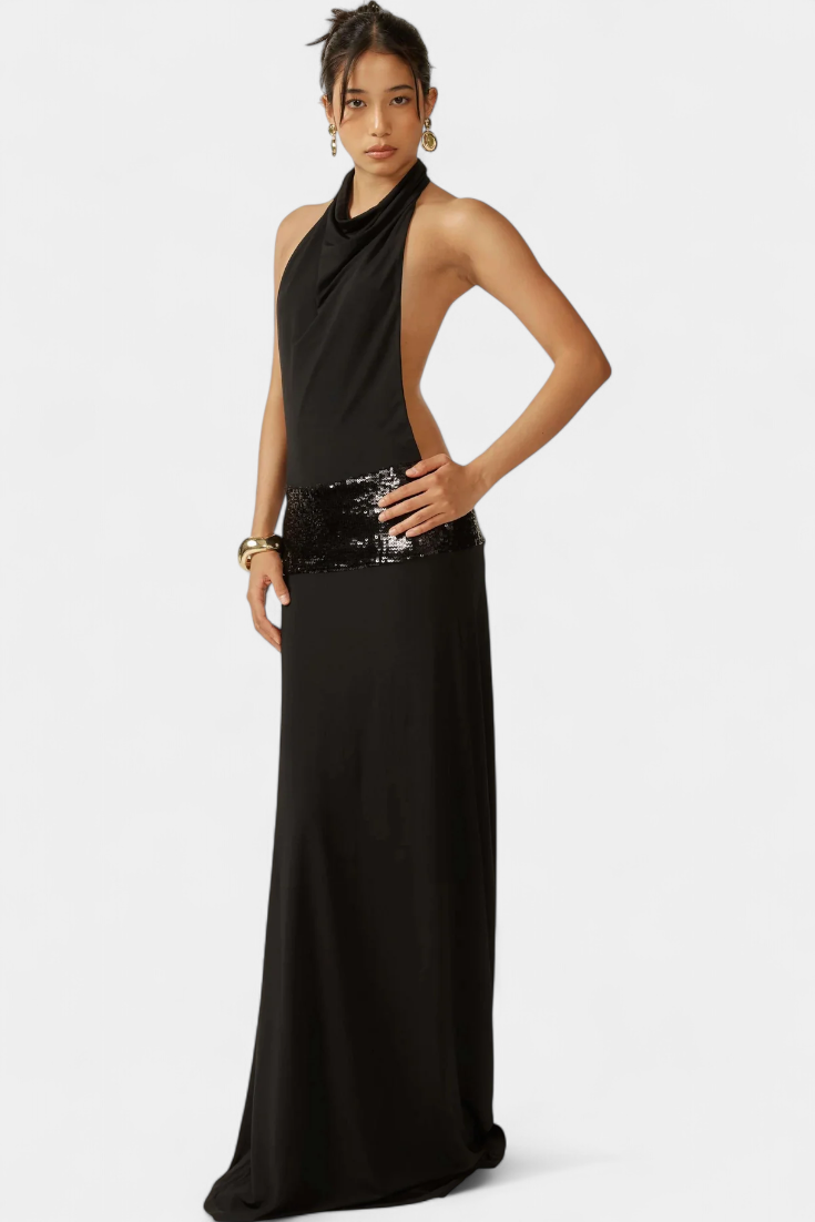 Evangelia | Vestido Largo Halter con Lentejuelas Elegante