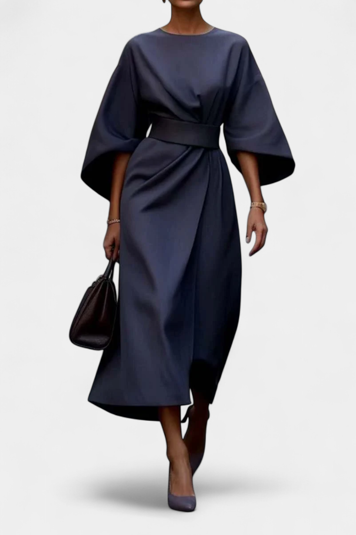 Evadne | Vestido Midi Cruzado de Crepé con Mangas Farol Elegante