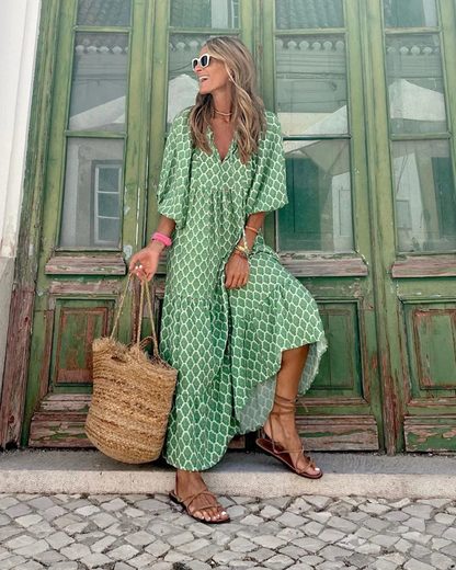 Bellanova | Boho Printed V Neck Tiered Summer Maxi Dress