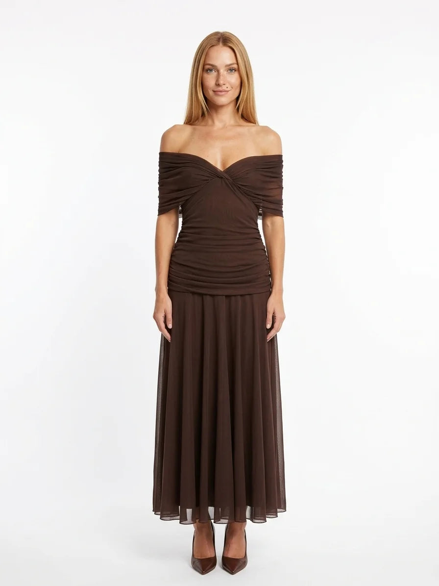 Andrea Wrap Dress | Feminine Drape, Elegant Movement - Brown - front