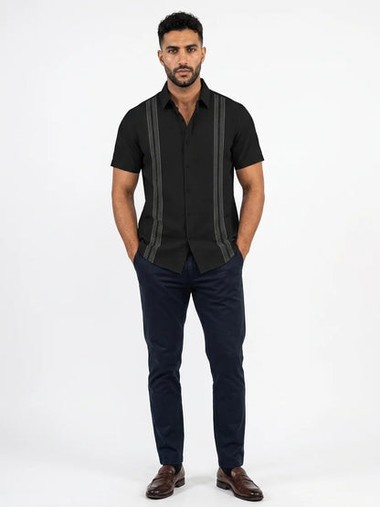 Momount Men Guayabera Linen Shirt – Long Sleeve Embroidered Panels Beach - Black - front
