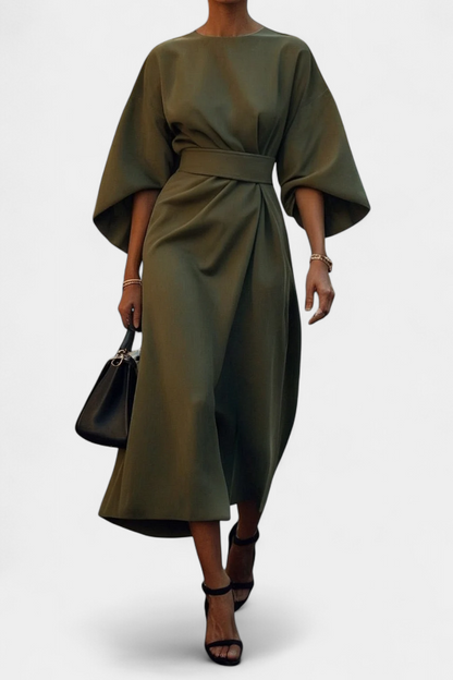Evadne | Vestido Midi Cruzado de Crepé con Mangas Farol Elegante