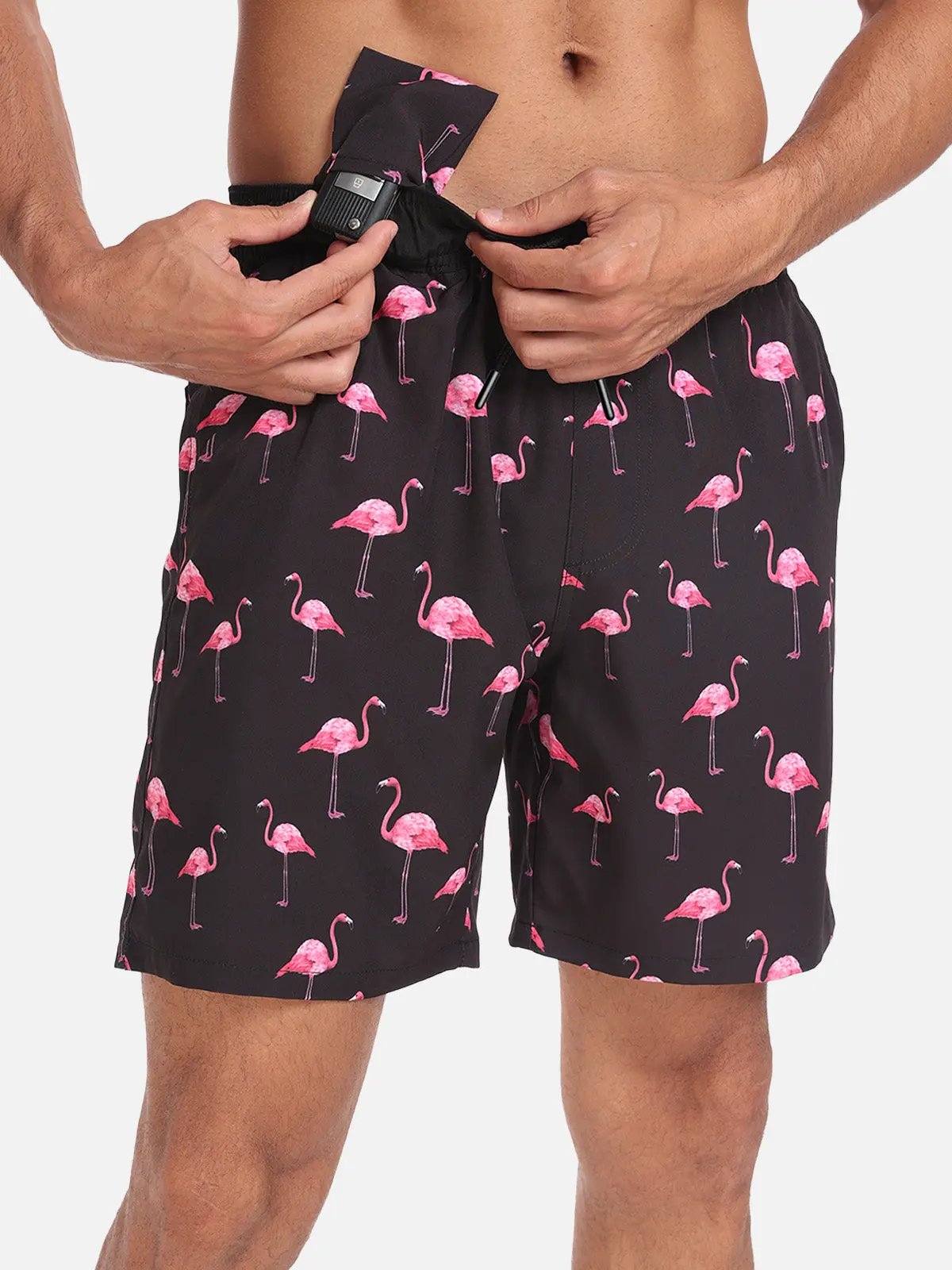 Momount Men Swim Shorts – Flamingo Print Drawstring Beach Summer