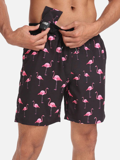 Momount Men Swim Shorts – Flamingo Print Drawstring Beach Summer
