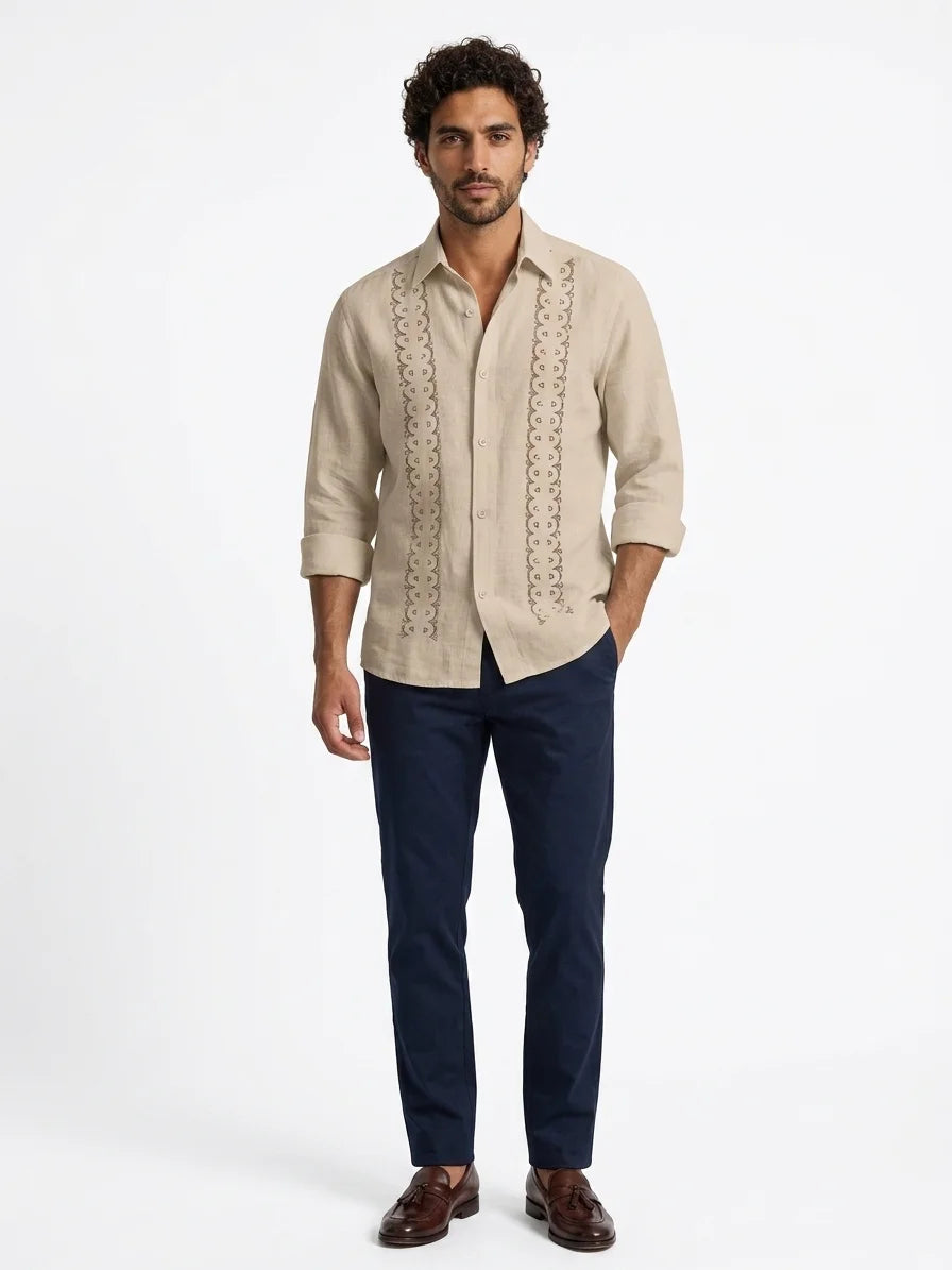 Momount Men Guayabera Linen Shirt – Long Sleeve Embroidered Panels Beach - Sand - front