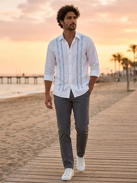 Momount Men Guayabera Linen Shirt – Long Sleeve Embroidered Panels Beach - White - lifestyle_beach