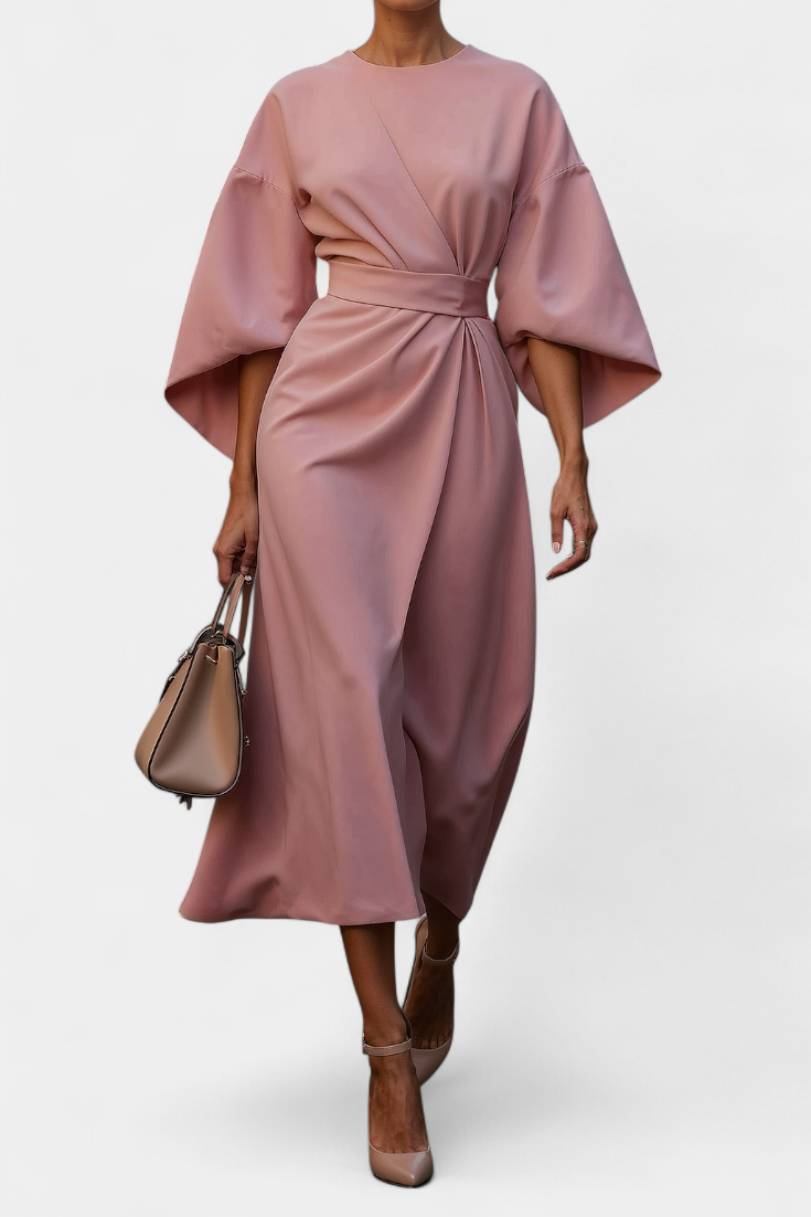 Evadne | Vestido Midi Cruzado de Crepé con Mangas Farol Elegante