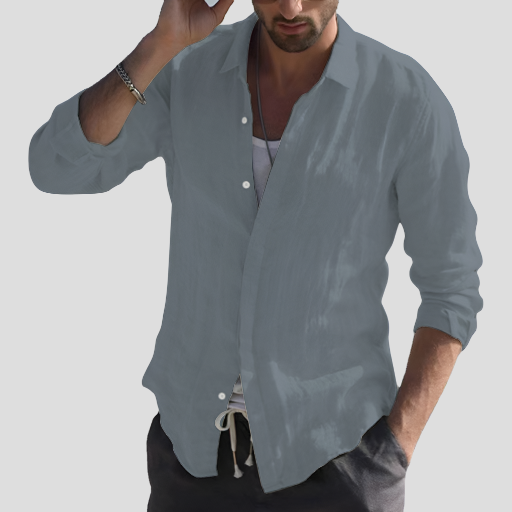Momount herreskjorte i hør – langærmet med fladlagt krave i klassisk snit