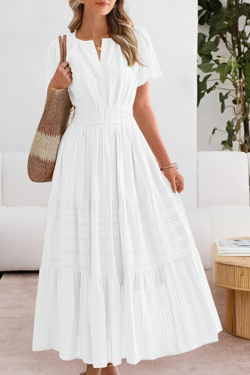 Vestido Midi Boho de Verano con Volantes – Escote en V y Cuerpo Smocked Elástico