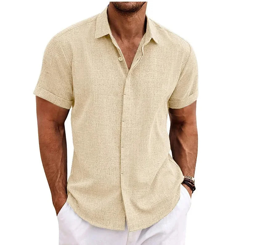 Camisa de Algodón y Lino de Hombre Momount – Manga Corta con Botones Casual