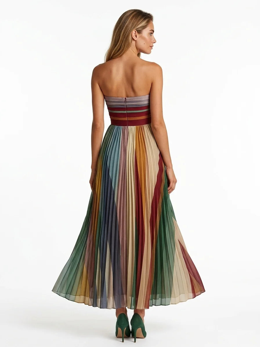 Celeste Strapless Pleated Maxi Dress | Panel Construction - Multicolor - back
