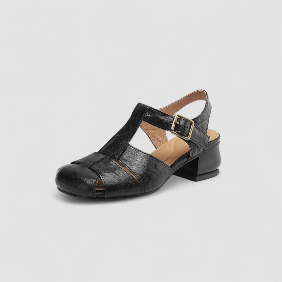 Momount Women Leather Sandals – Closed Toe Buckle Low Heel Vintage
