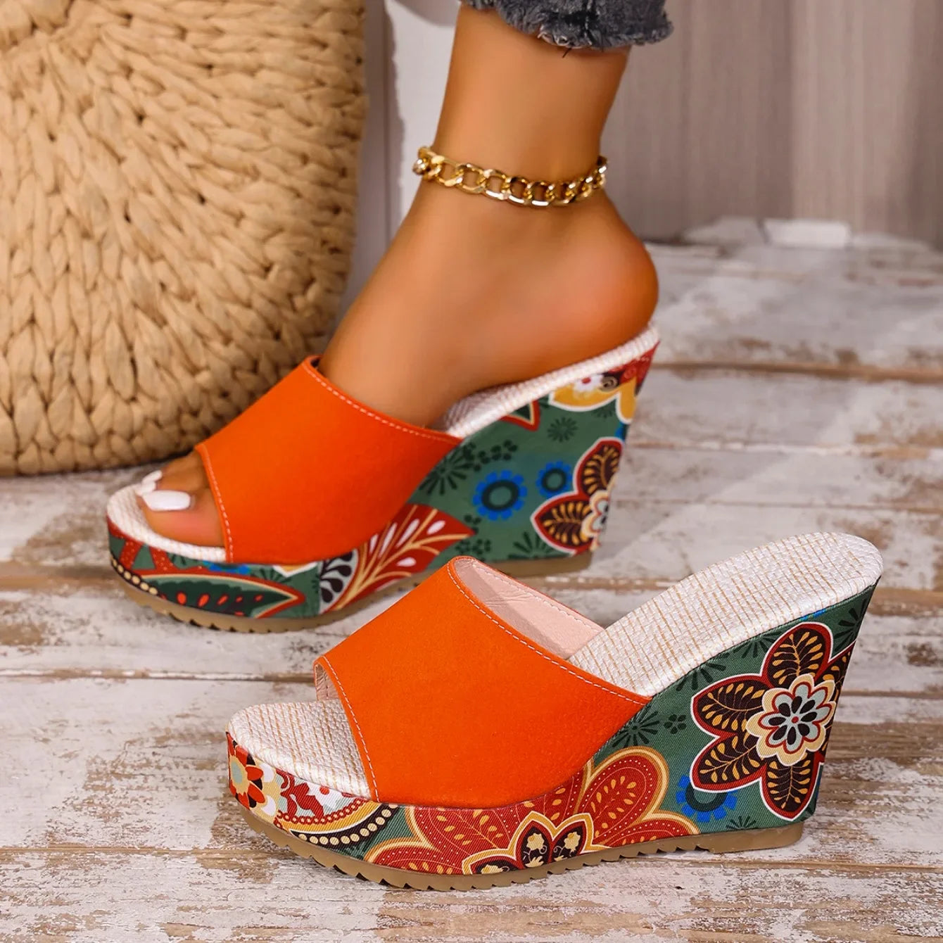 Momount Women Wedge Sandals – Suede Floral Print Platform Slide Boho