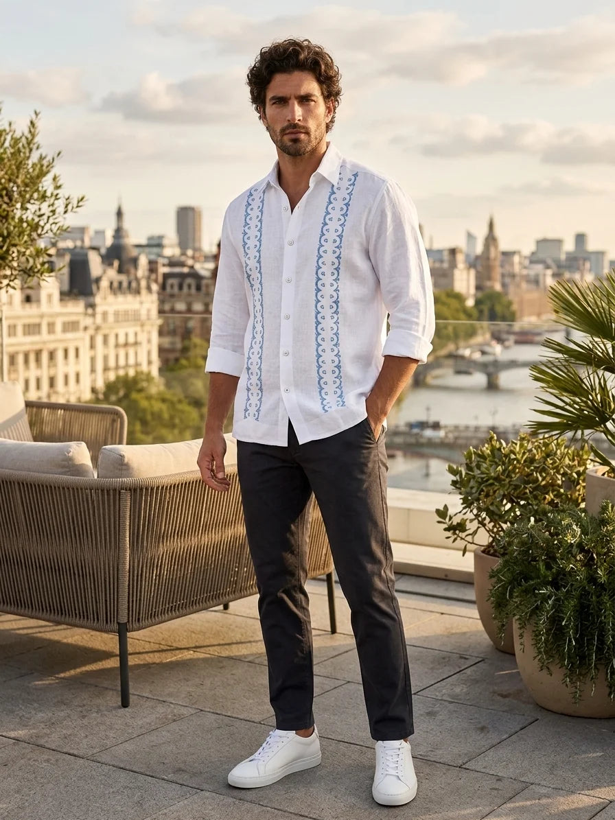 Momount Men Guayabera Linen Shirt – Long Sleeve Embroidered Panels Beach - White - lifestyle_rooftop